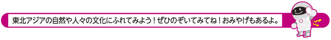 東北アジアの自然や人々の文化にふれてみよう！ぜひのぞいてみてね！おみやげもあるよ。