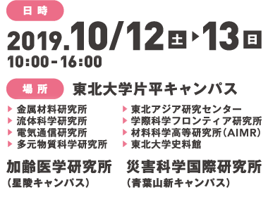 日時：2019.10月12日（土）・13日（日）,場所：東北大学片平キャンパス、星陵キャンパス、青葉山キャンパス